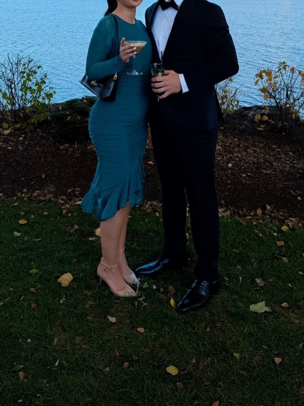 Teal Ruched Cocktail Dress with Ruffle Hem - Picture 2 of 2
